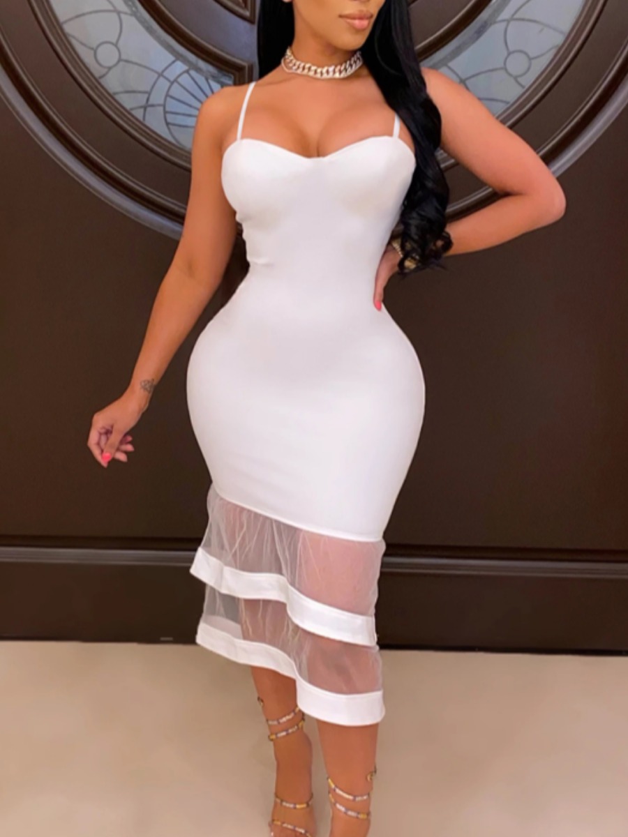 

Lovely Sexy See-through Patchwork White Mid Calf Dress