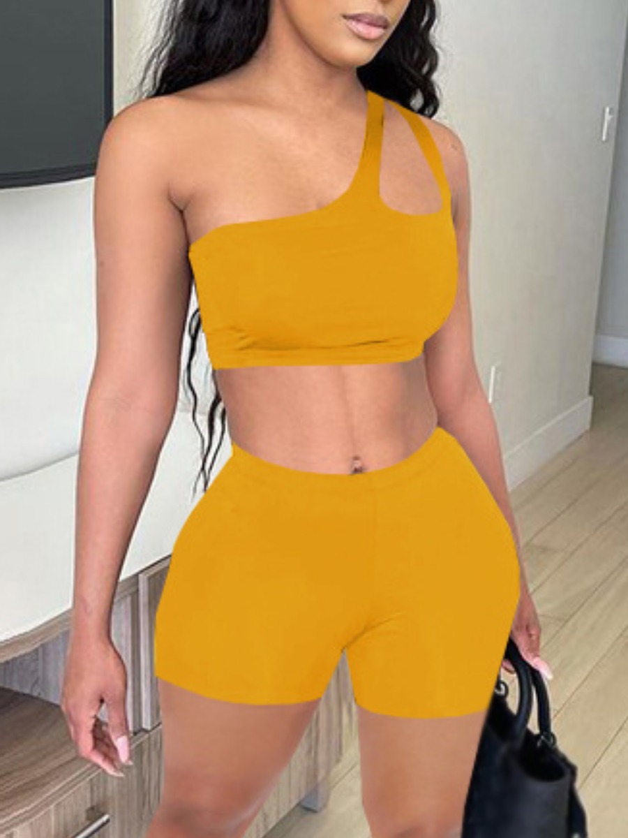 

LW Casual One Shoulder Hollow-out Yellow Two Piece Shorts Set