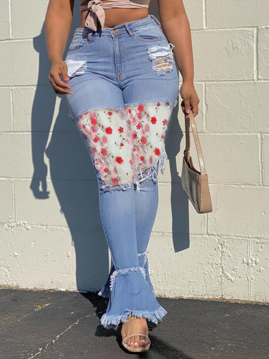 

LW Sweet Floral Print Ripped Flared Blue Jeans
