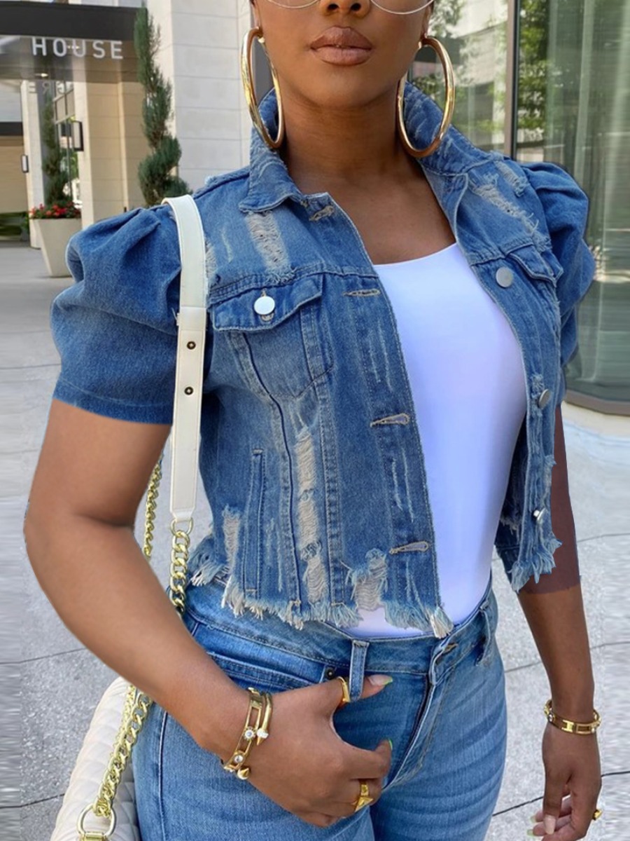 

Lovely Street Ruffle Design Ripped Blue Denim Coat