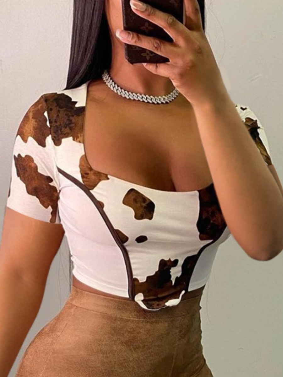 

LW Casual Square Neck Cow Print White T-shirt