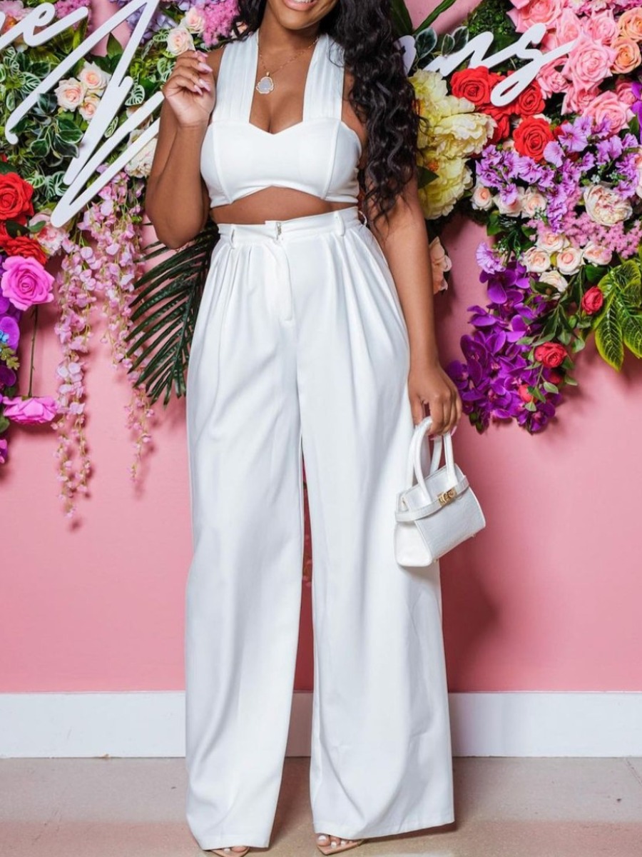 

Lovely Elegant Square Neck Loose White Two Piece Pants Set