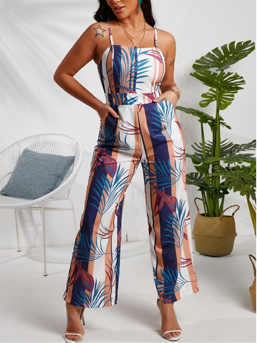 

Lovely Elegant Floral Print Striped White One-pieceJumpsuit