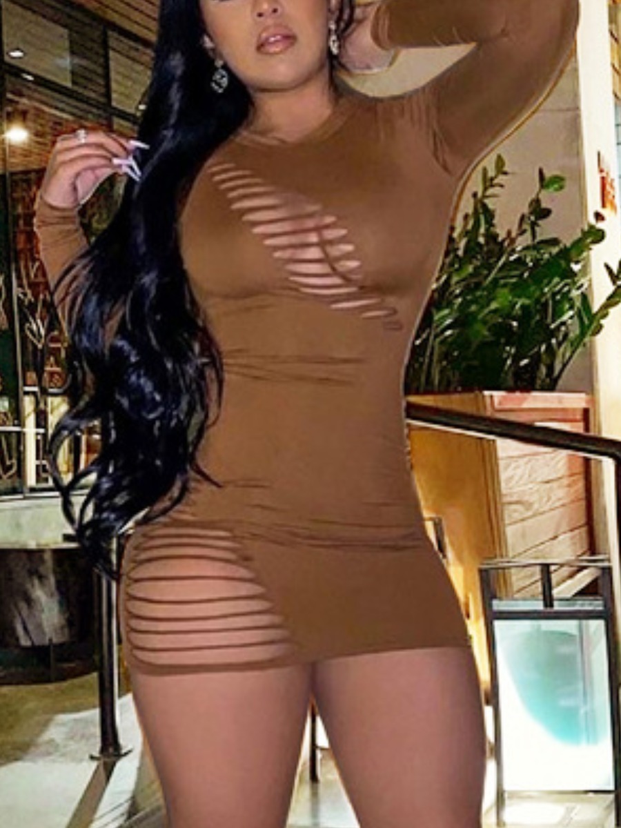 

LW Sexy O Neck Ripped Brown Mini Dress