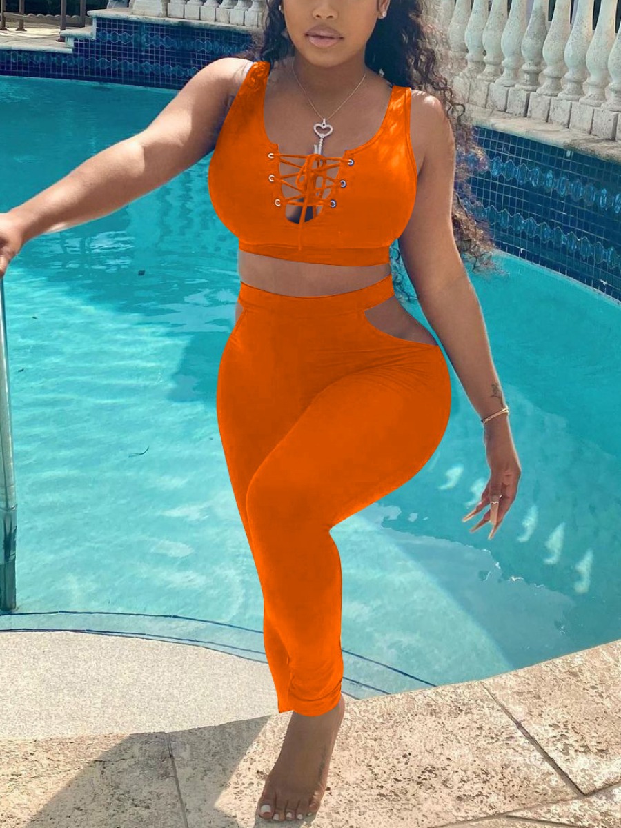 

LW Sexy Bandage Hollow-out Design Jacinth Two Piece Pants Set