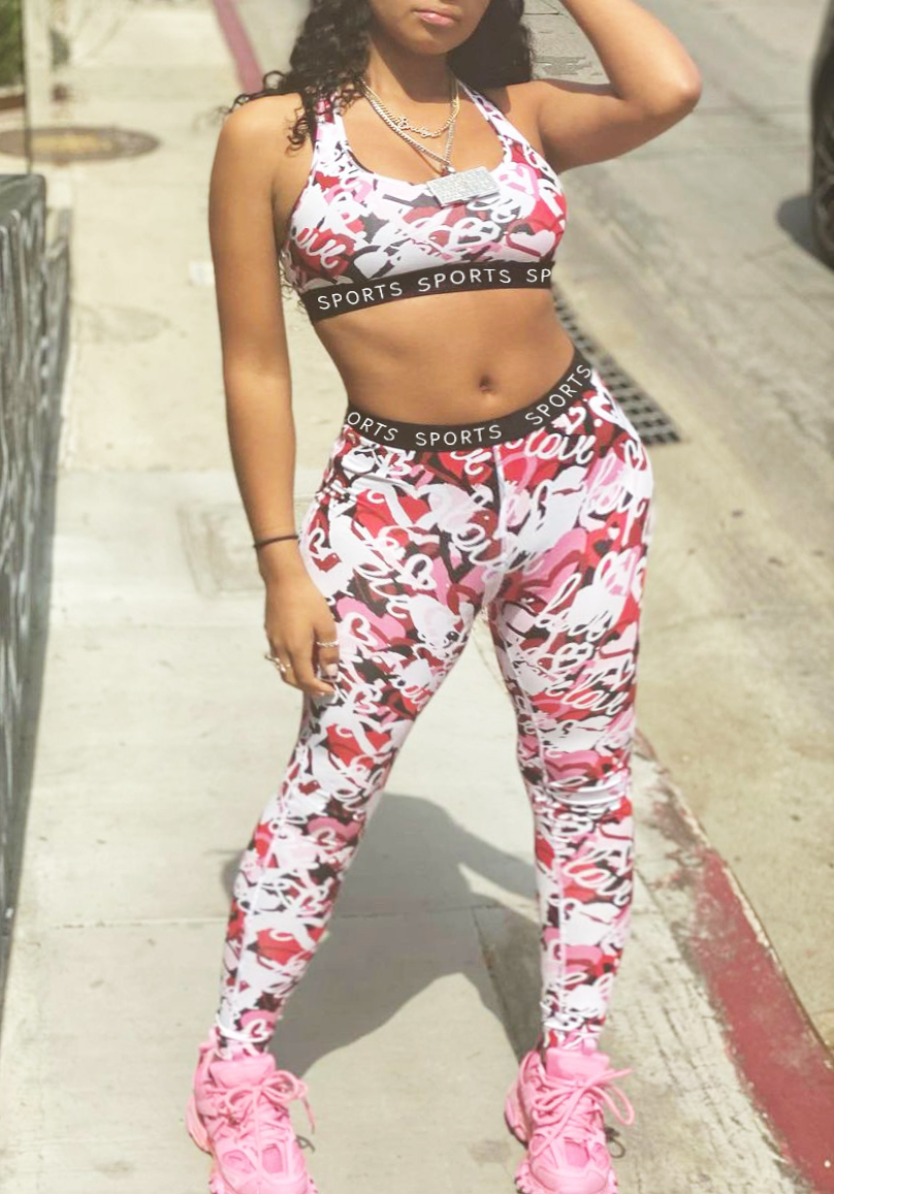 

Lovely Sporty Letter Print Patchwork Pink Yoga Two Piece Pants Set