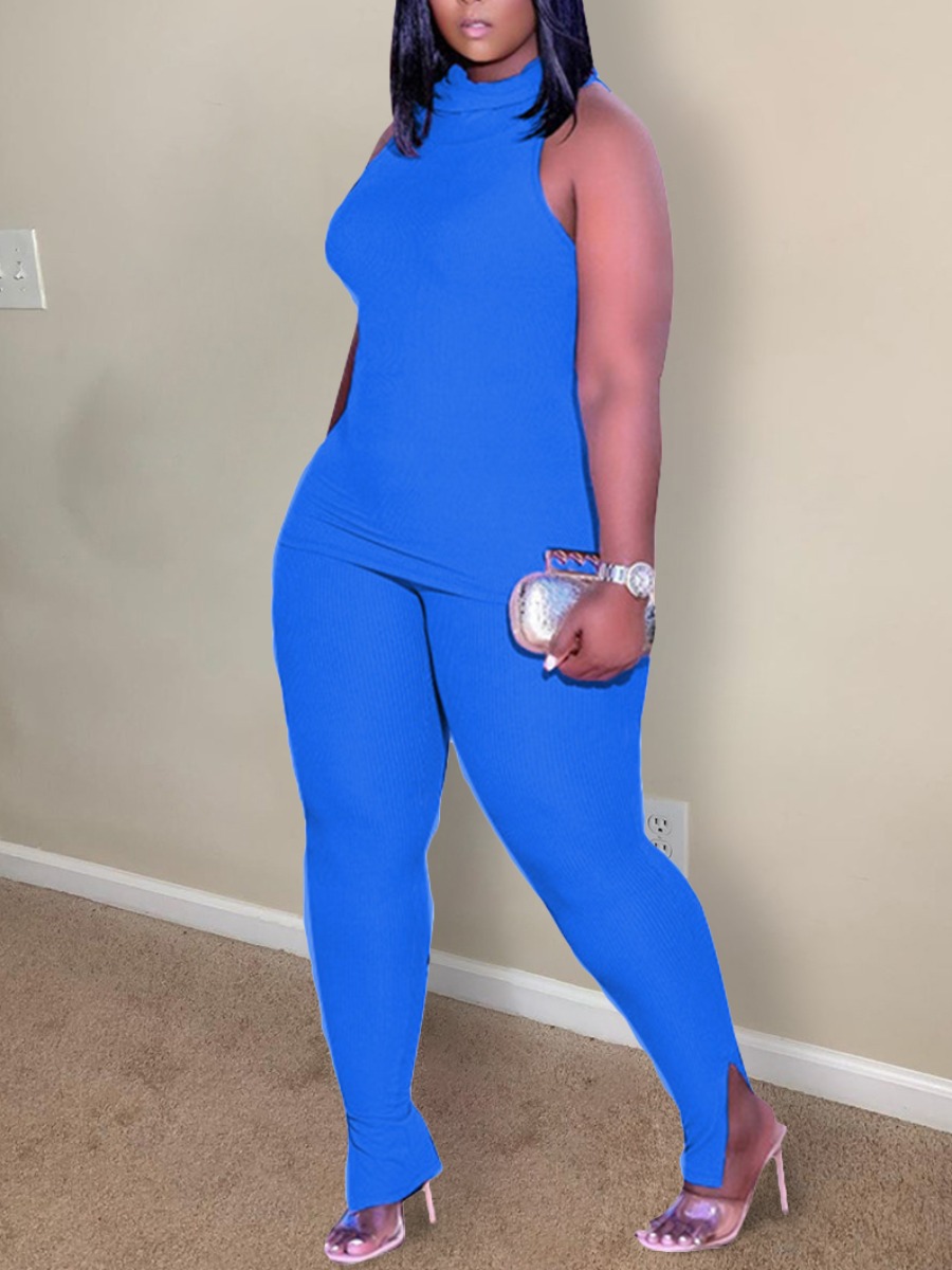 

Lovely Plus Size Street Turtleneck Elastic Blue Two-piece Pants Set