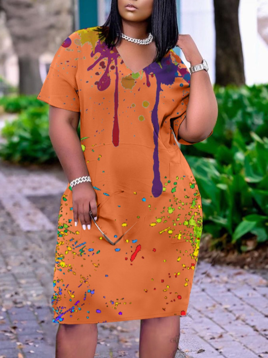 

Lovely Plus Size Street V Neck Splash Ink Print Croci Knee Length Dress