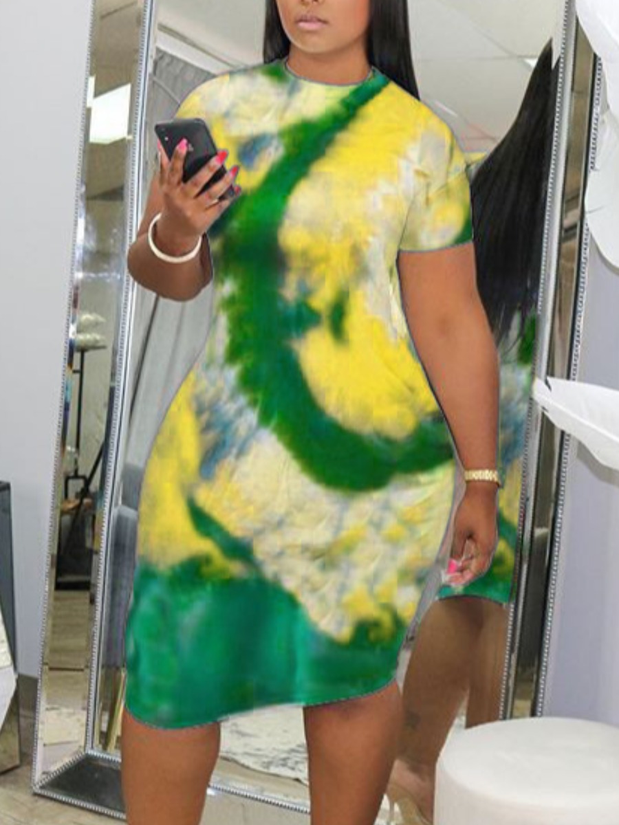 

Lovely Casual Half A Turtleneck Tie-dye Yellow Knee Length Dress