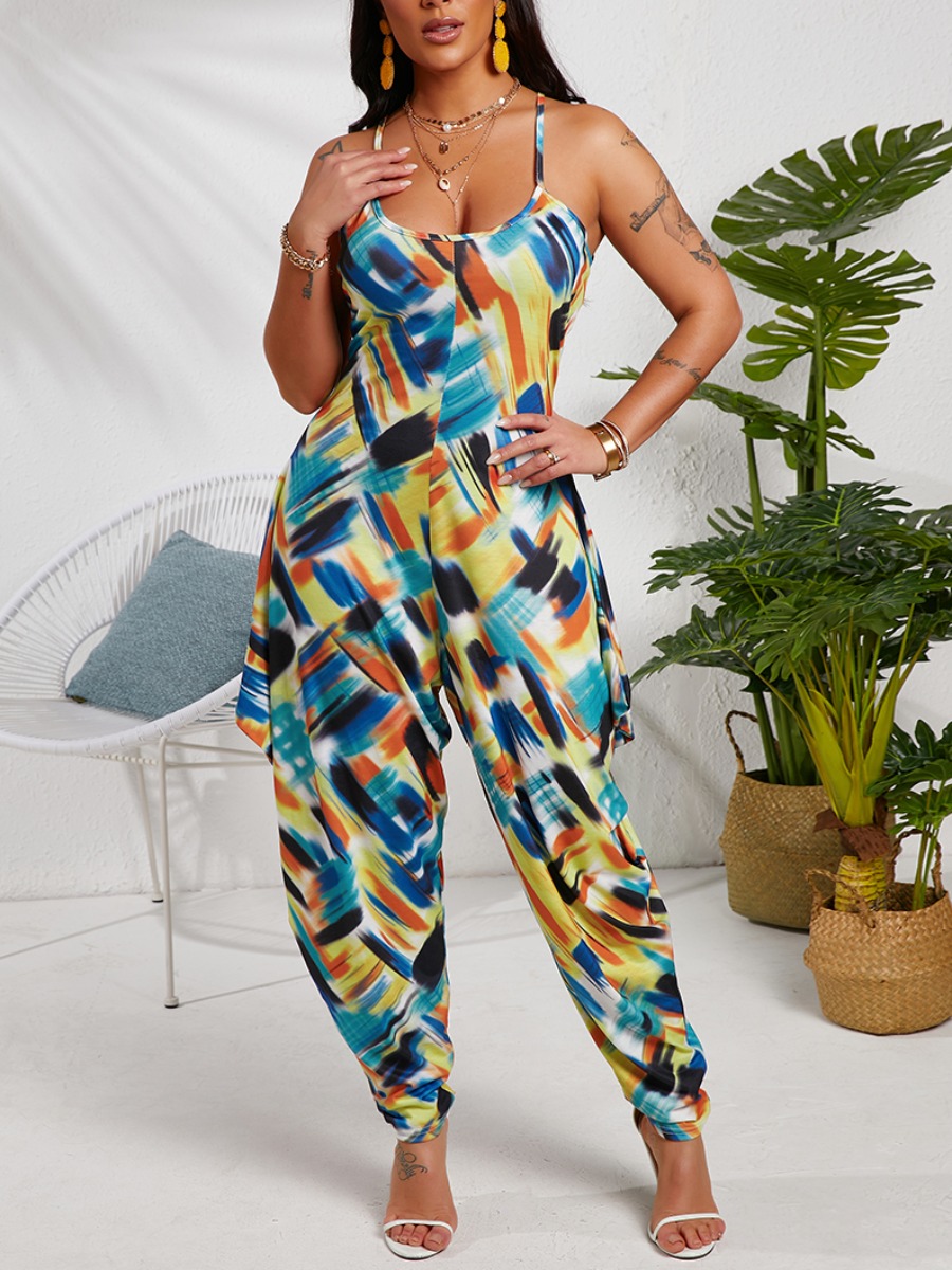 

LW Boho Print Flounce Design Multicolor One-piece Jumpsuit, Multi