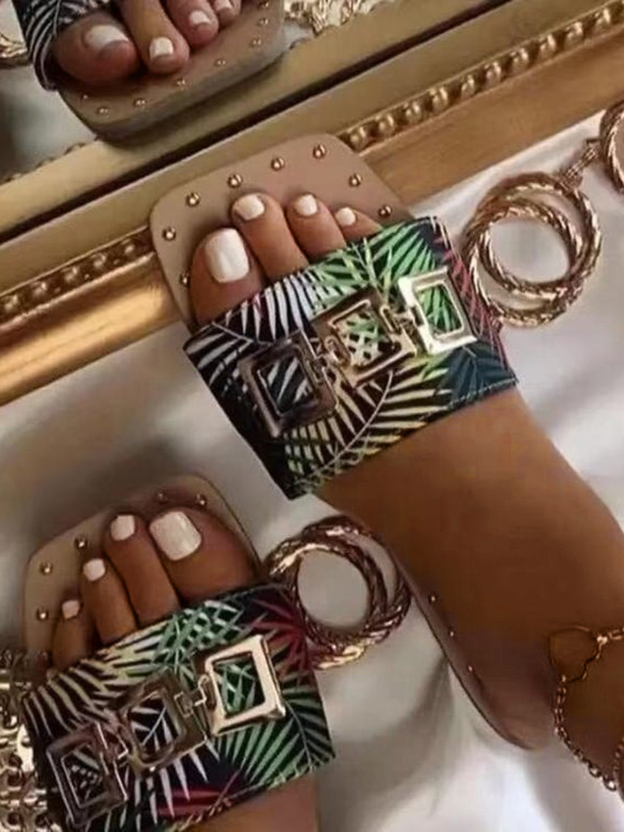 

Lovely Casual Metal Ring Decoration Green Slippers