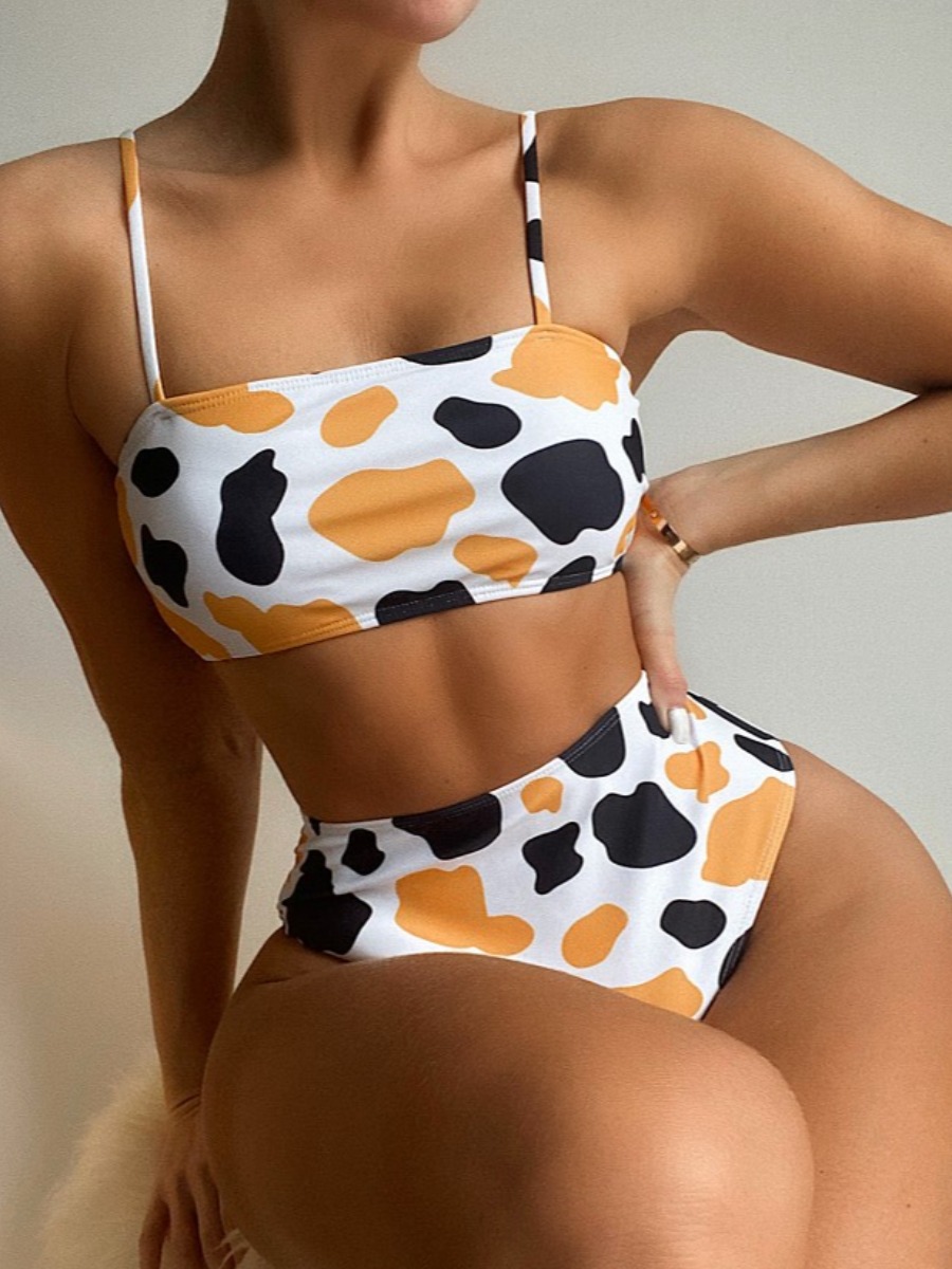 

Lovely Boho Cow Print Patchwork Multicolor Two-piece Swimsuit, Multi