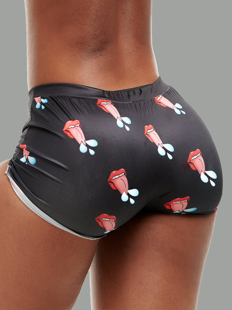 

Lovely Street Mid Waist Lip Print Black Shorts
