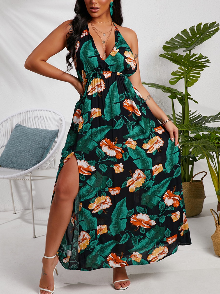 

Lovely Boho Backless Floral Print Split Deep Blue Ankle Length Dress
