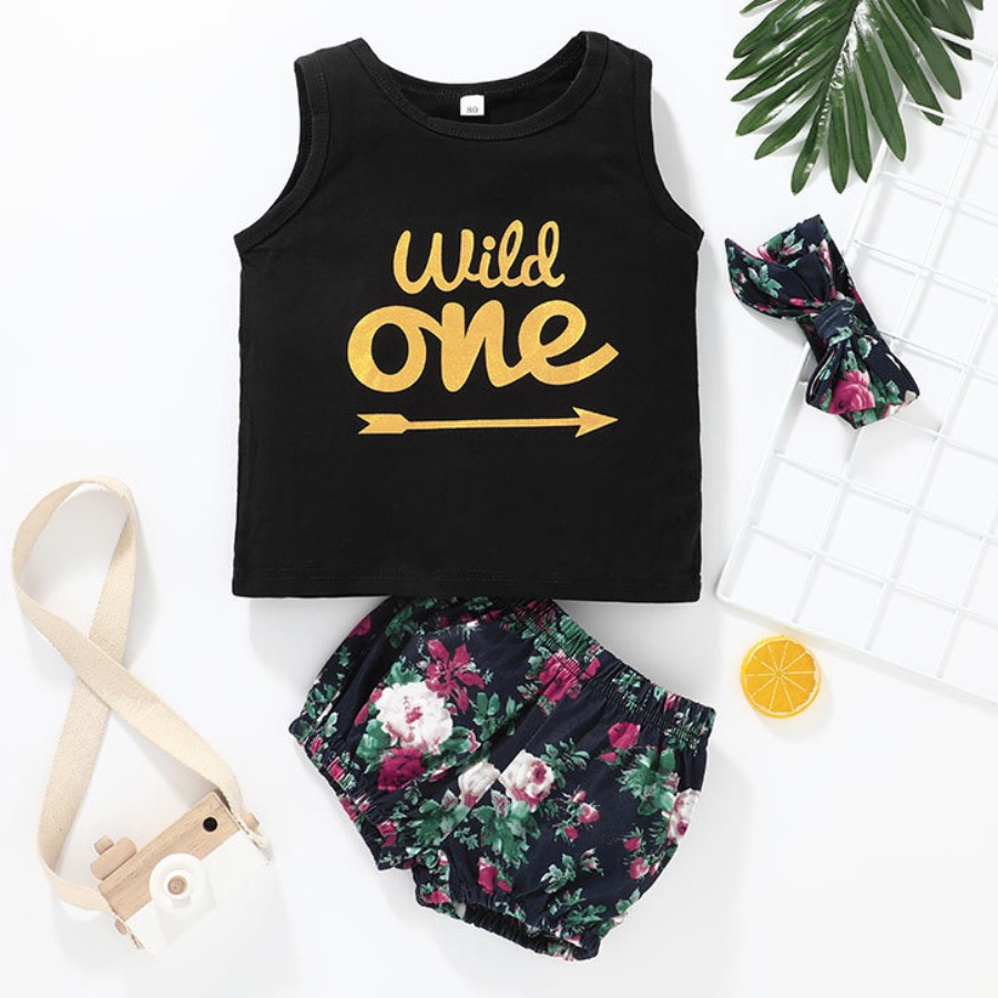 

Lovely Girl Sweet Floral Letter Print Black Two Piece Shorts Set