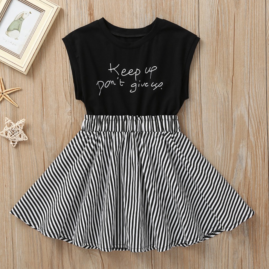 

Lovely Girl Casual Letter Print Striped Flounce Design Black Knee Length Dress