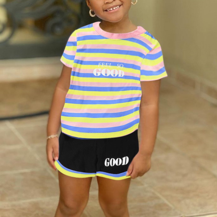 

Lovely Girl Casual Letter Print Striped Multicolor Two Piece Shorts Set, Multicolor mstn