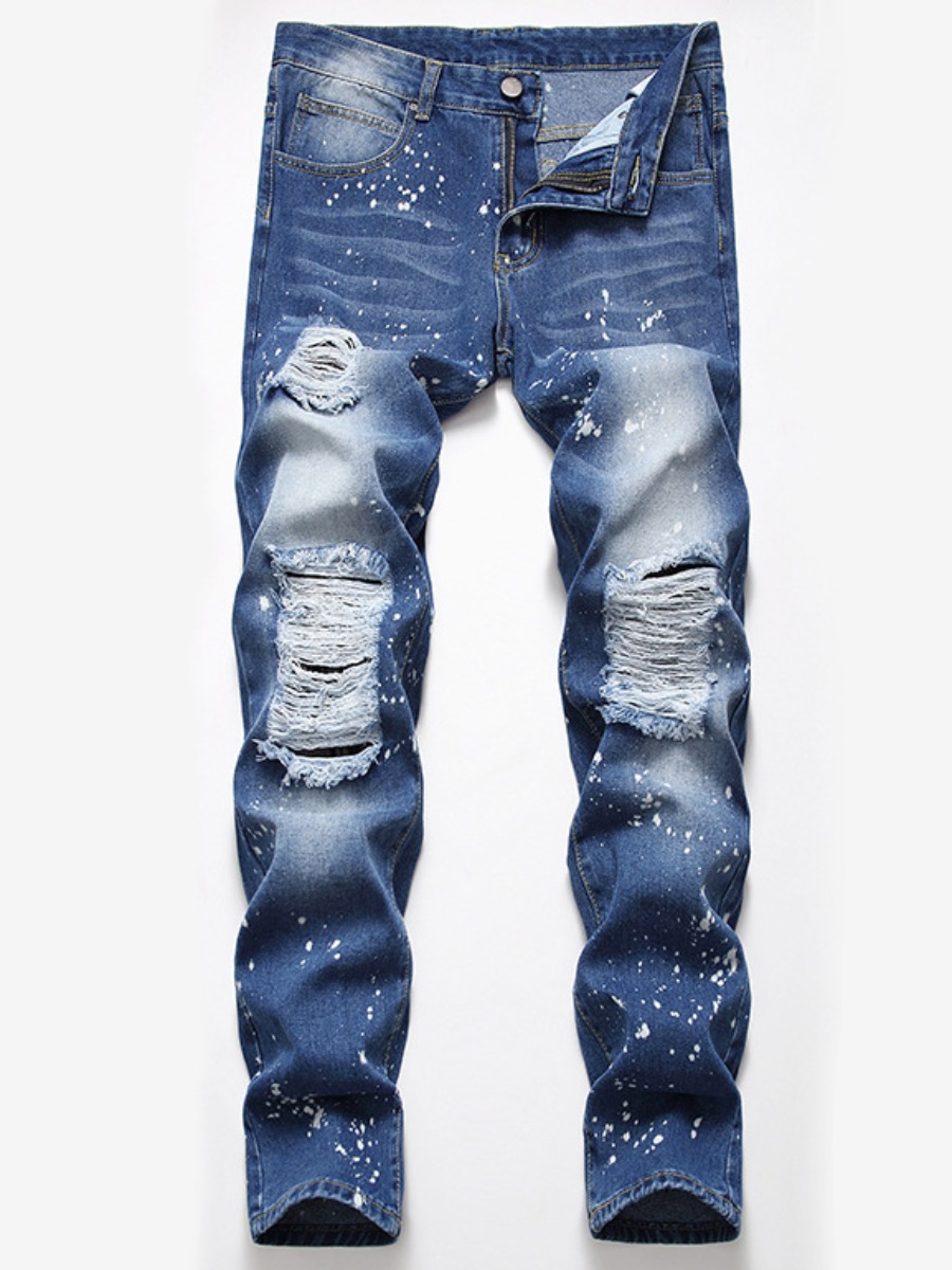 

LW Men Street Splash Ink Print Ripped Deep Blue Jeans