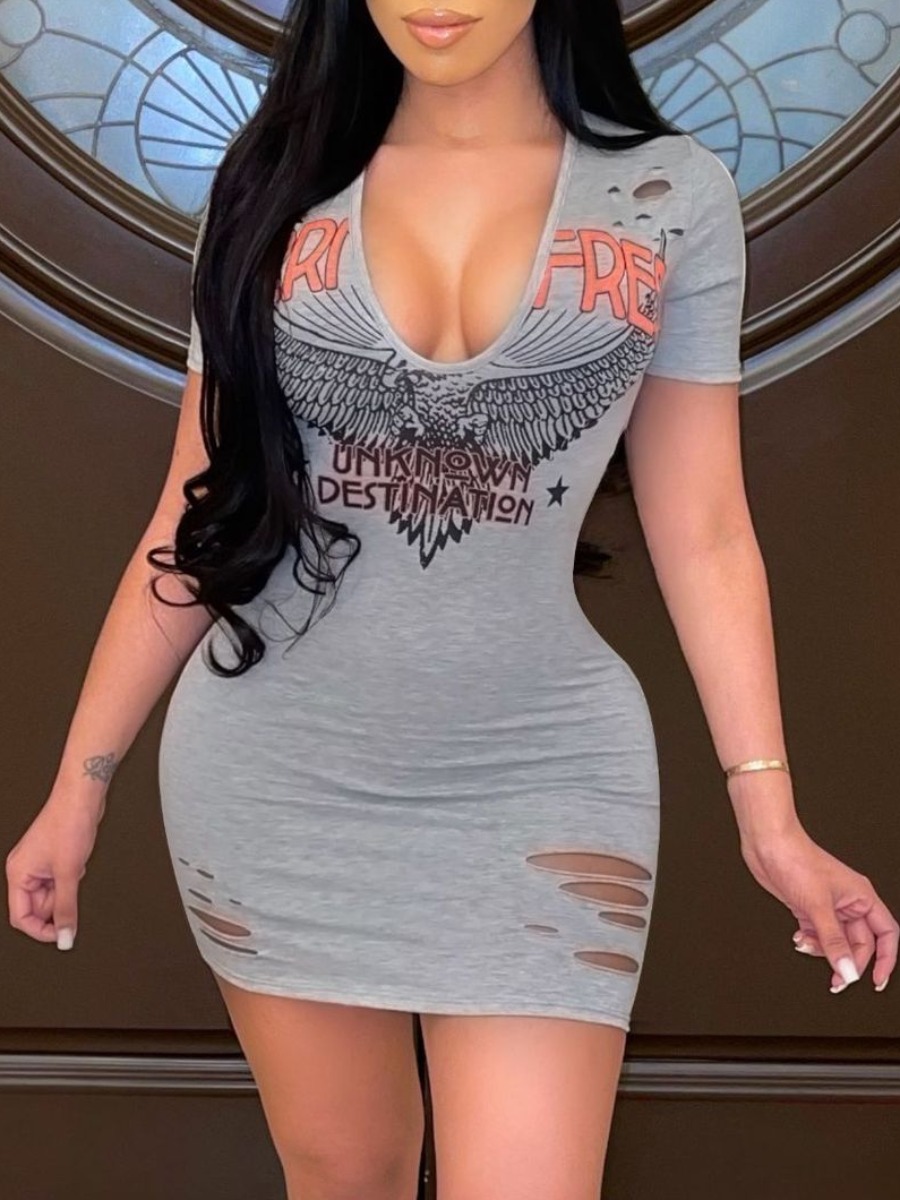 

Lovely Street Bird Print Ripped Grey Mini Dress