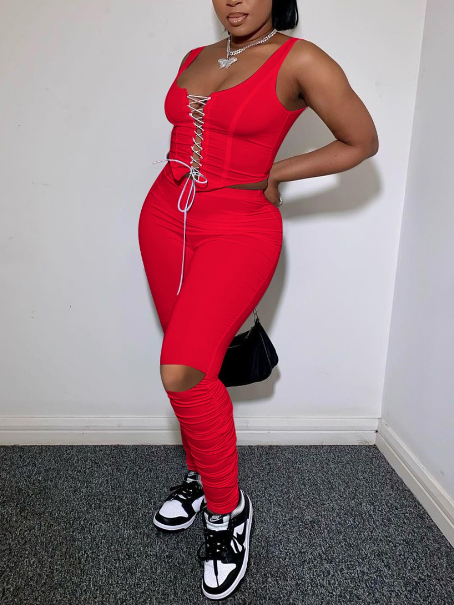 

LW Street Ripped Bandage Fold Design Red Two Piece Pants Set