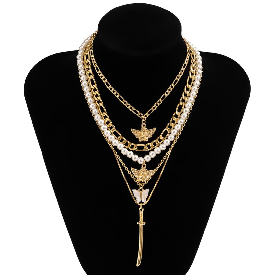 Lovely Sweet Butterfly Pearl Decoration Gold Multilayer Necklace