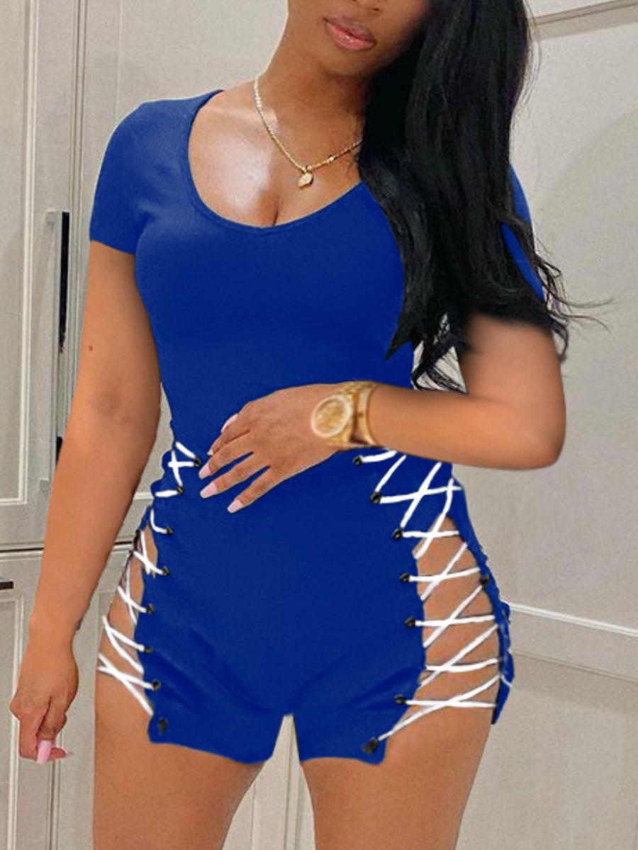 

LW SXY Bandage Hollow-out Design Blue One-piece Romper