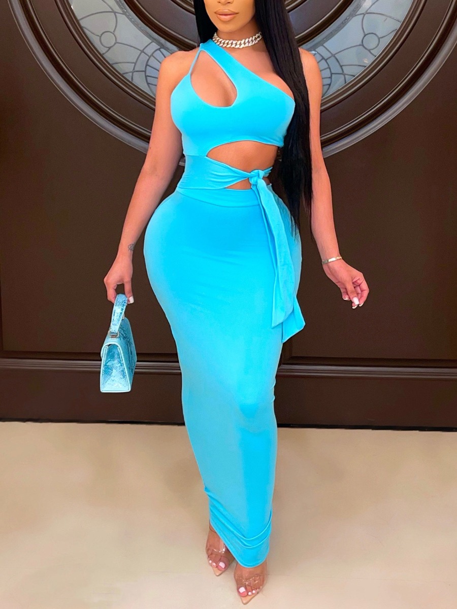 

LW Sweet One Shoulder Bandage Hollow-out Design Skyblue Ankle Length Dress