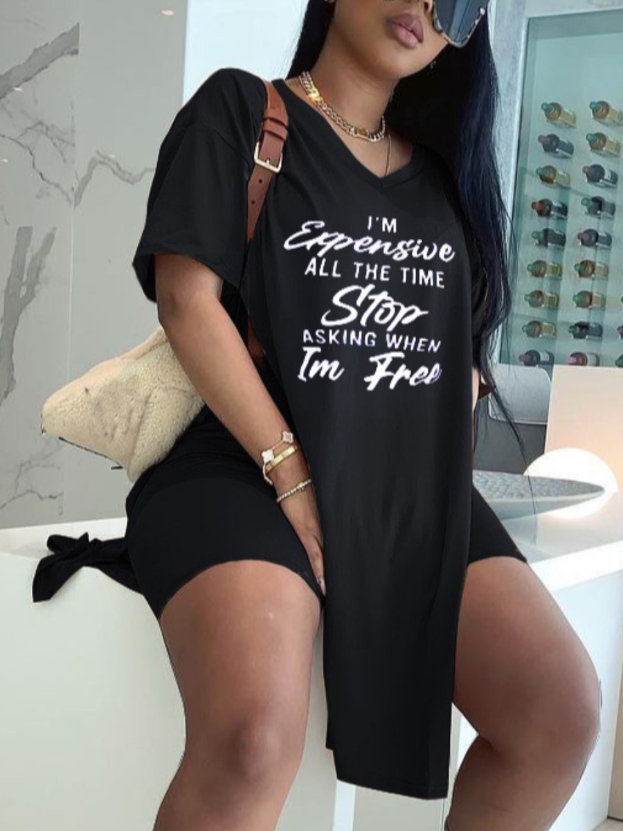 

Lovely Casual Letter Print Split Black Two Piece Shorts Set