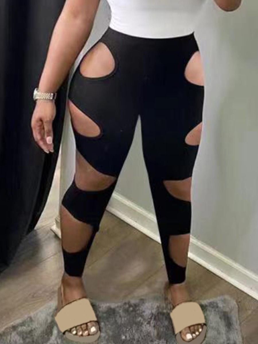 

Lovely Street Mid Waist Hollow-out Black Pants