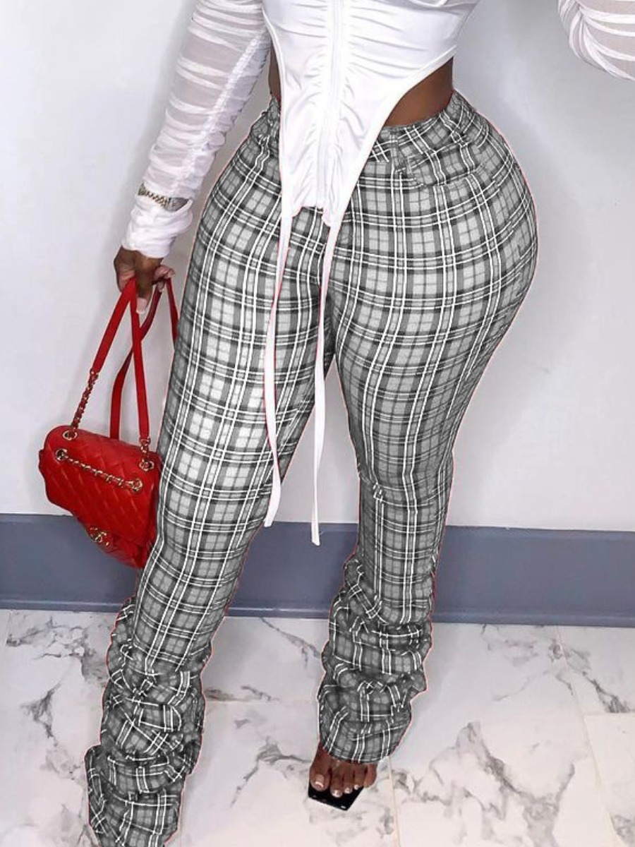 

Lovely Chic Plaid Print Fold Design Grey Pants