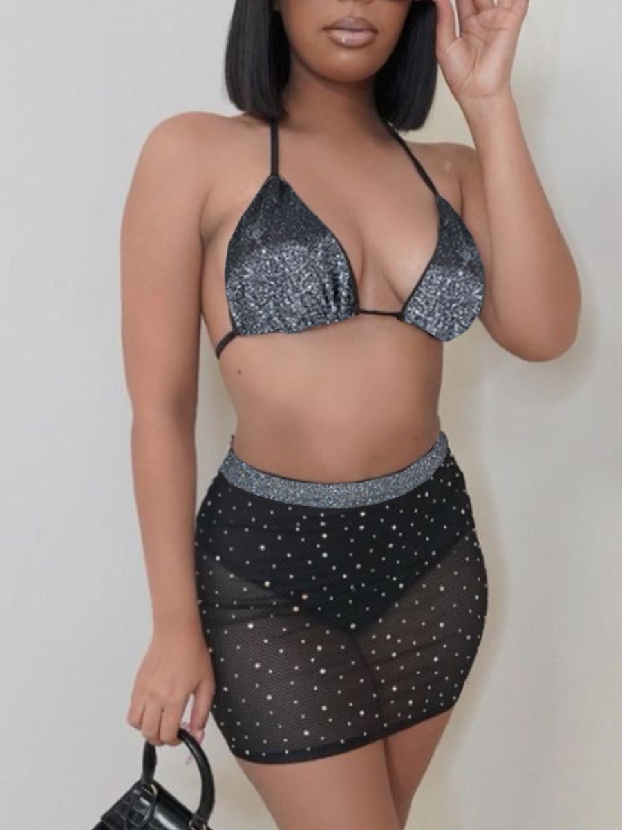 

Lovely Boho Sequined See-through Black Two-piece Swimsuit