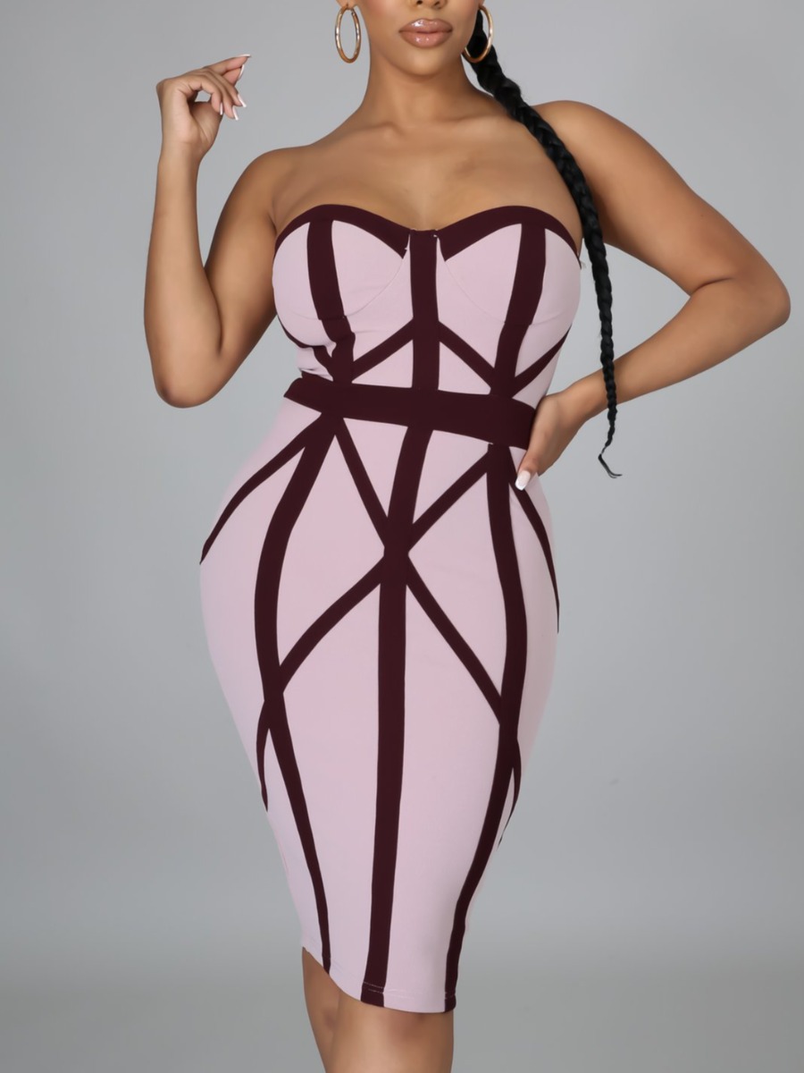 

Lovely Casual Off The Shoulder Geometric Print Pink Knee Length Dress