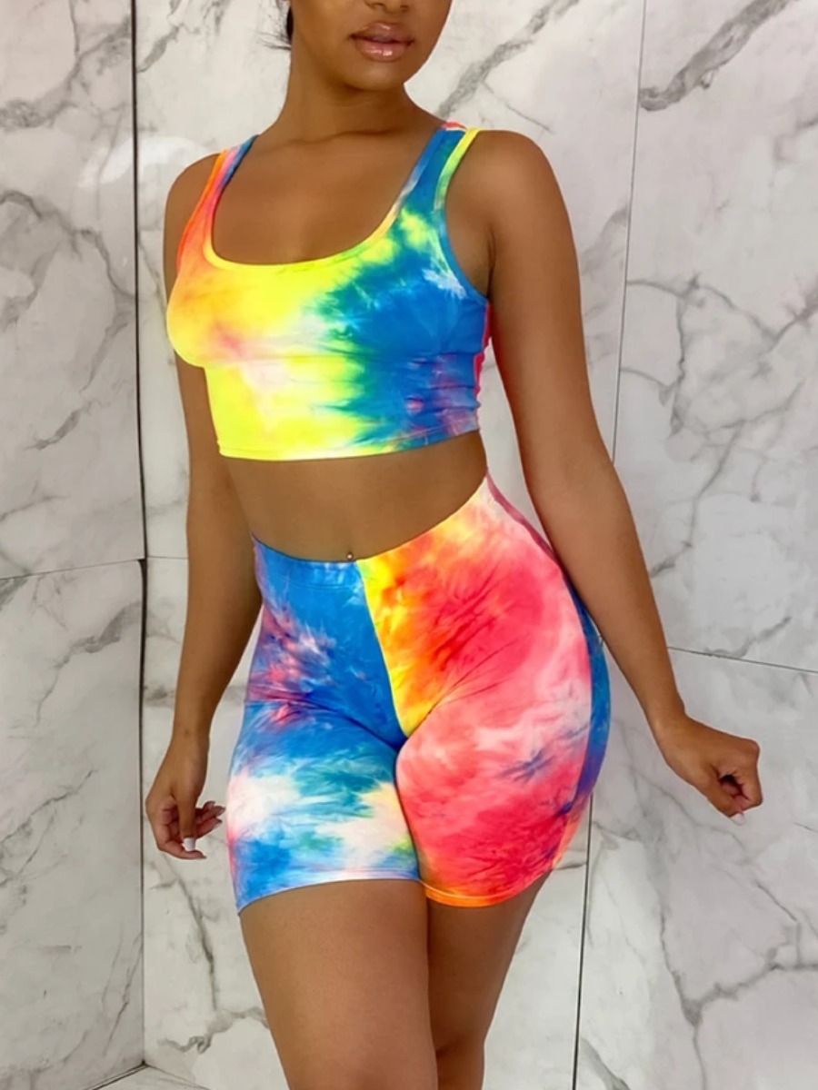 

Lovely Casual U Neck Tie Dye Multicolor Two Piece Shorts Set, Multi