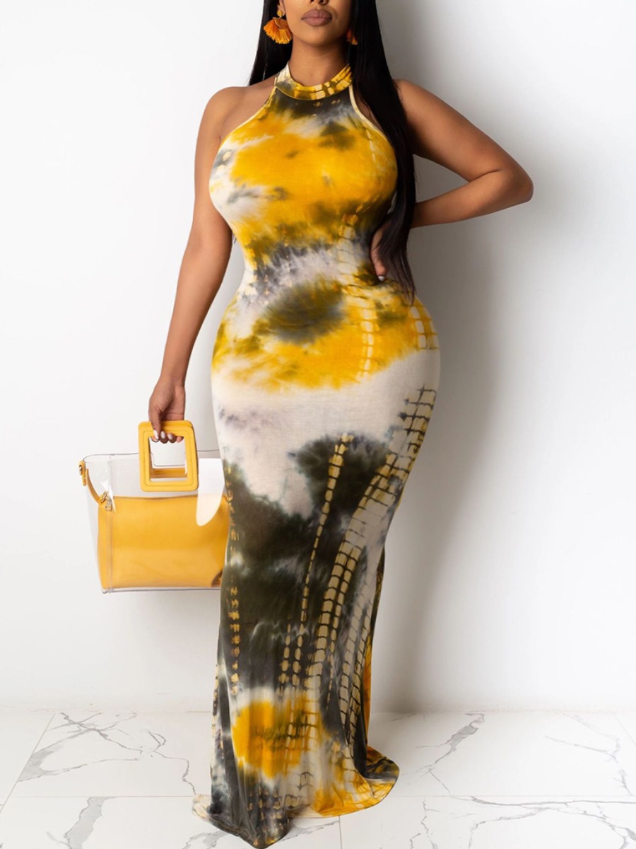 

Lovely Plus Size Boho Tie-dye Hollow-out Yellow Floor Length Dress