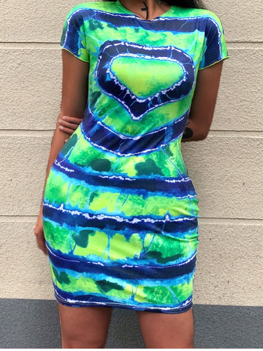 

Lovely Casual O Neck Tie-dye Green Mini Plus Size Dress