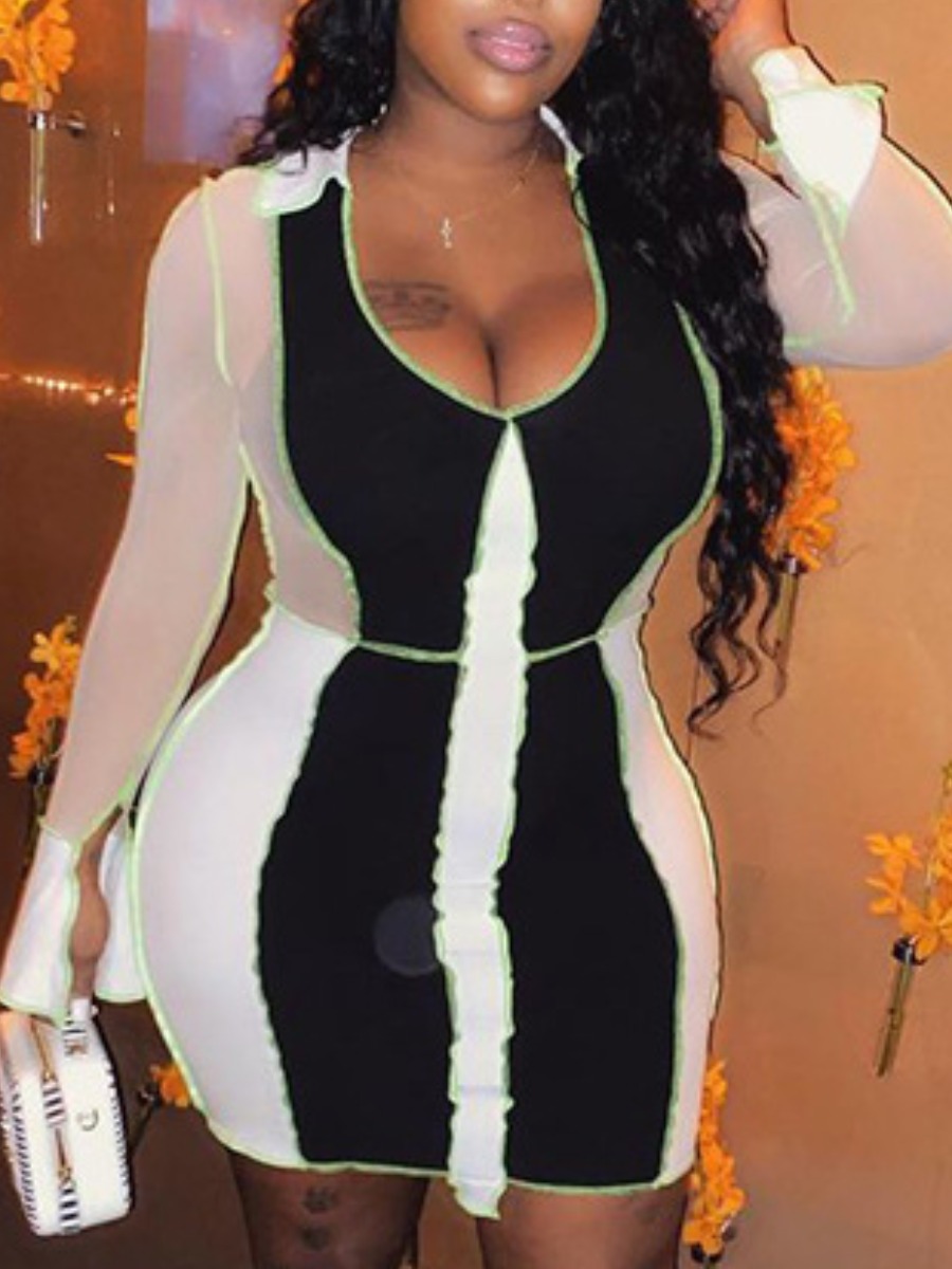

Lovely Casual Striped Mesh Patchwork Black Mini Dress