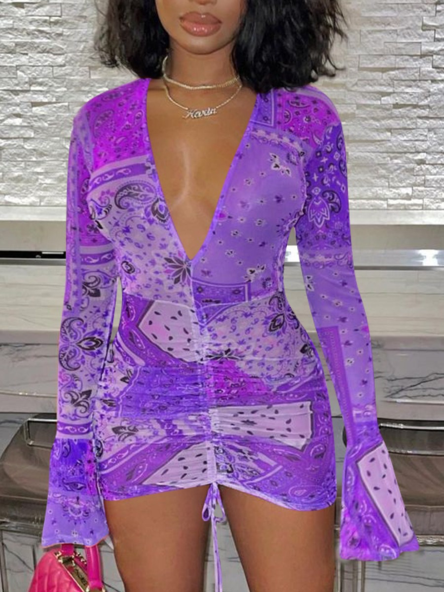 

Lovely Street Flared Ruched Drawstring Purple Mini Dress