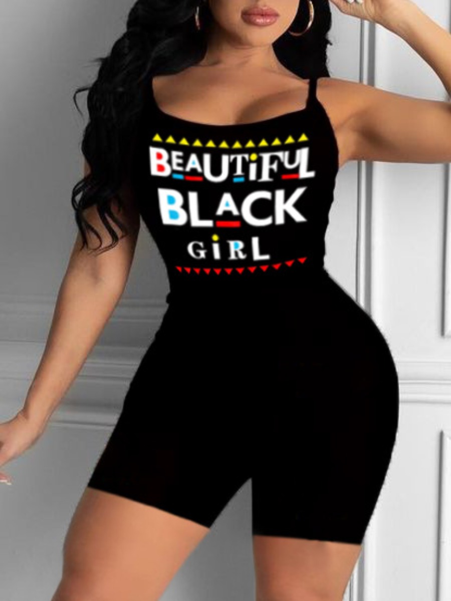 

Lovely Street Letter Print Patchwork Black One-piece Romper