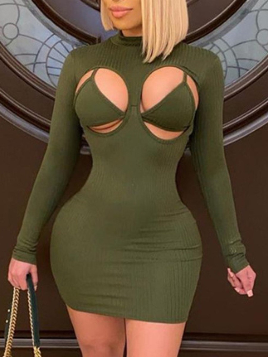 

Lovely Street Rib-Knit Hollow-out Green Mini Dress
