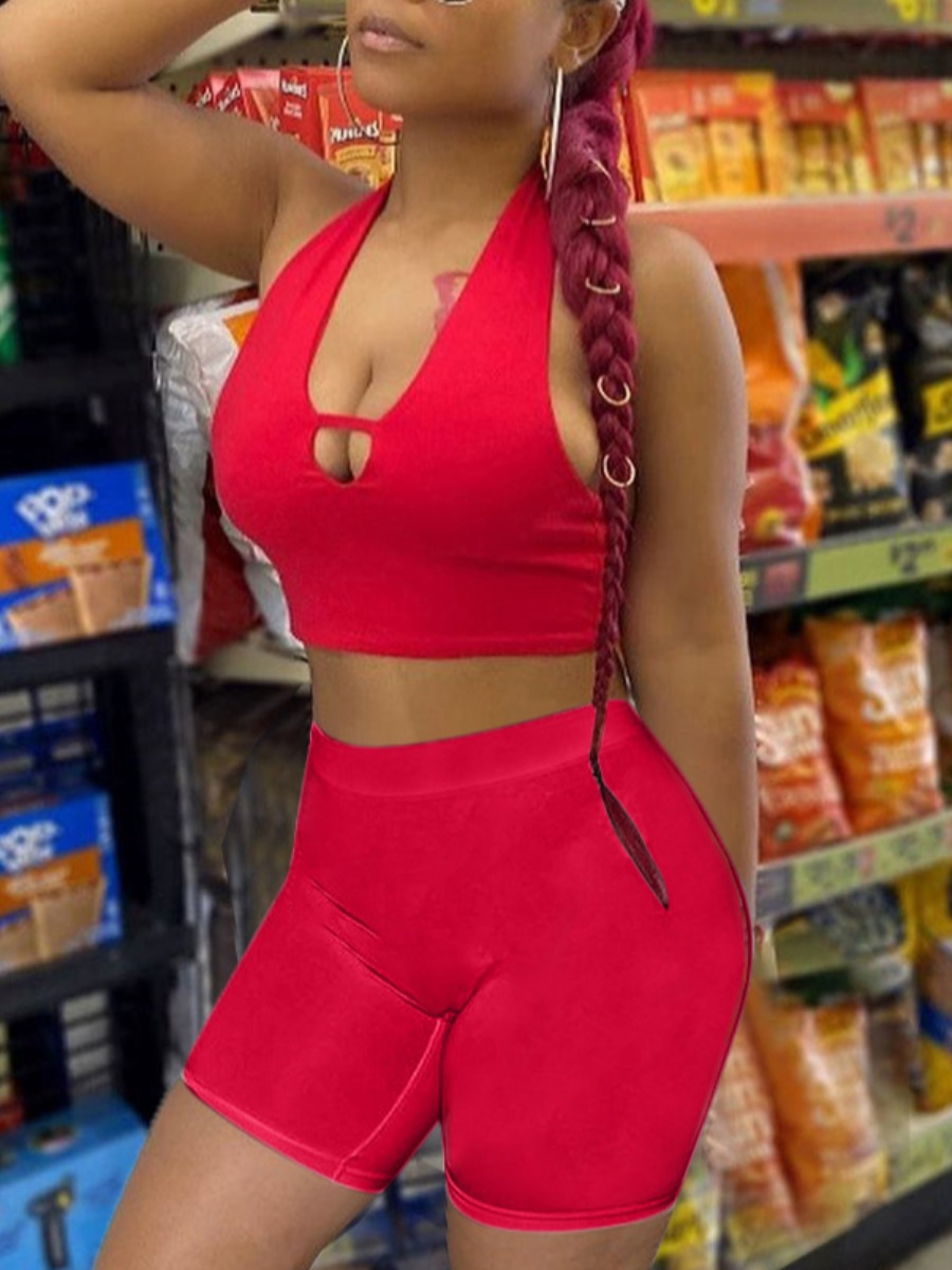 

Lovely Casual Hollow-out High-waisted Red Two Piece Shorts Set
