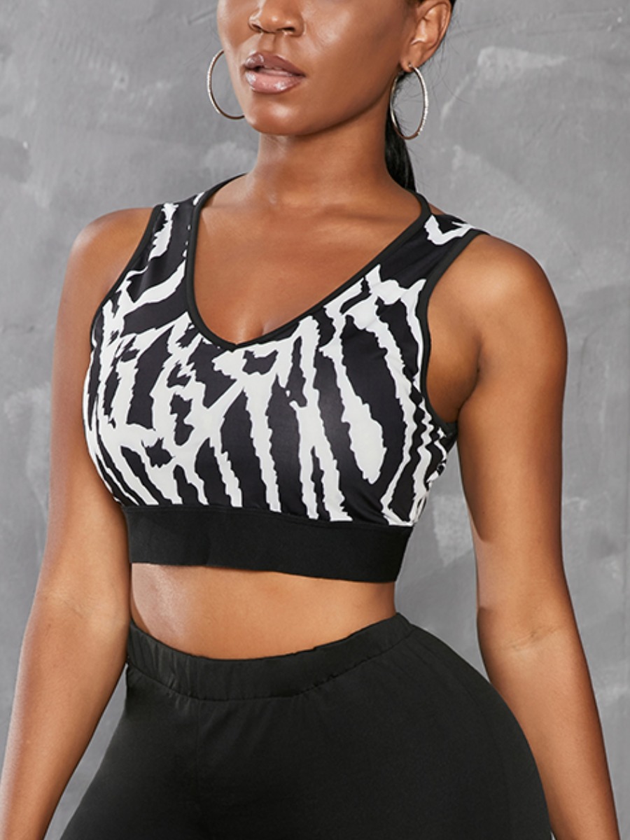 

Lovely Sporty V Neck Backles Print Black And White Camisole