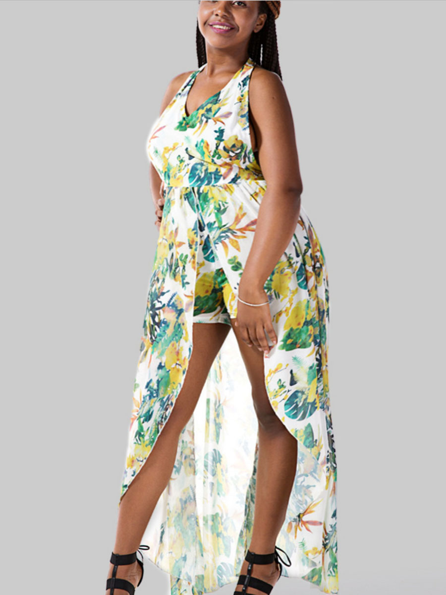 

Lovely Plus Size Boho Floral Print Green Floor Length Asymmetrical Dress