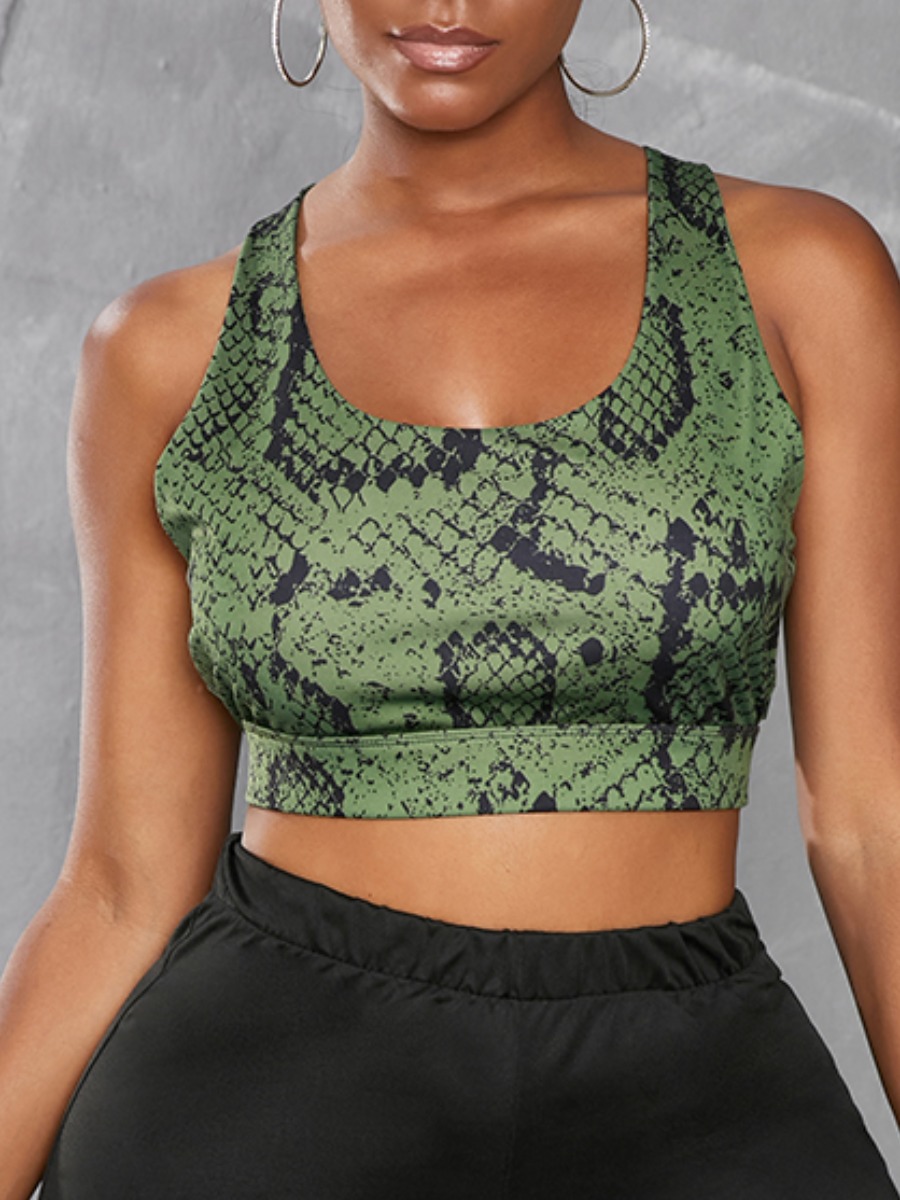 

Lovely Sporty Animal Print Cross Strap Green Camisole(With Chest Pad)