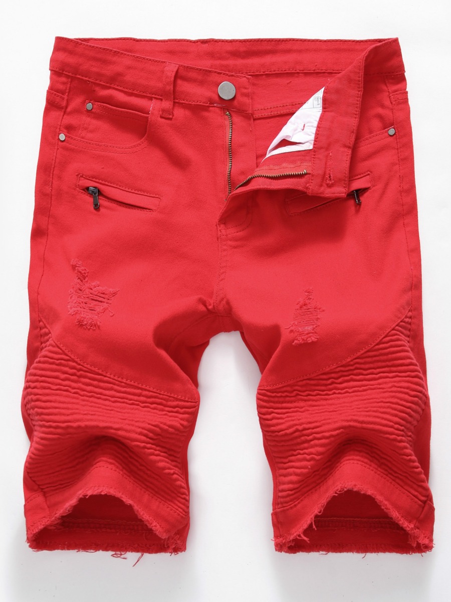 

Lovely Men Street Mid Waist Raw Edge Red Denim Shorts
