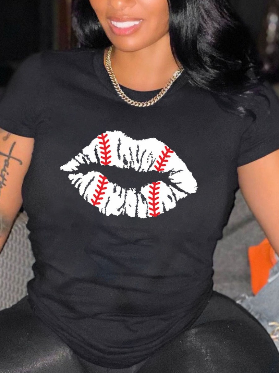 

Lovely Casual O Neck Lip Print Black T-shirt