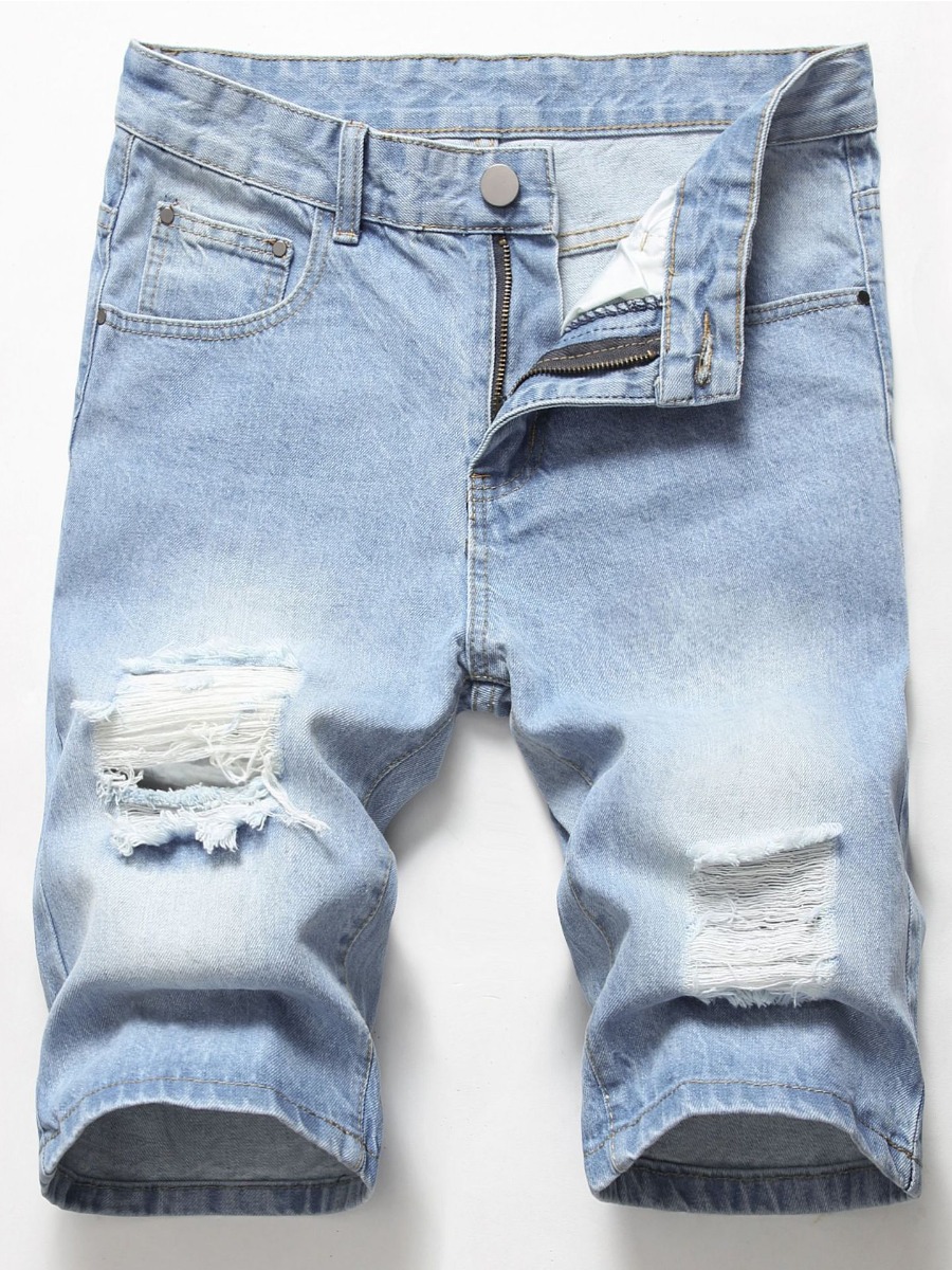

Lovely Men Casual Mid Waist Ripped Baby Blue Denim Shorts
