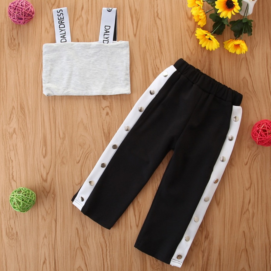 

Lovely Girl Sporty Letter Print Button Design Black Two Piece Pants Set