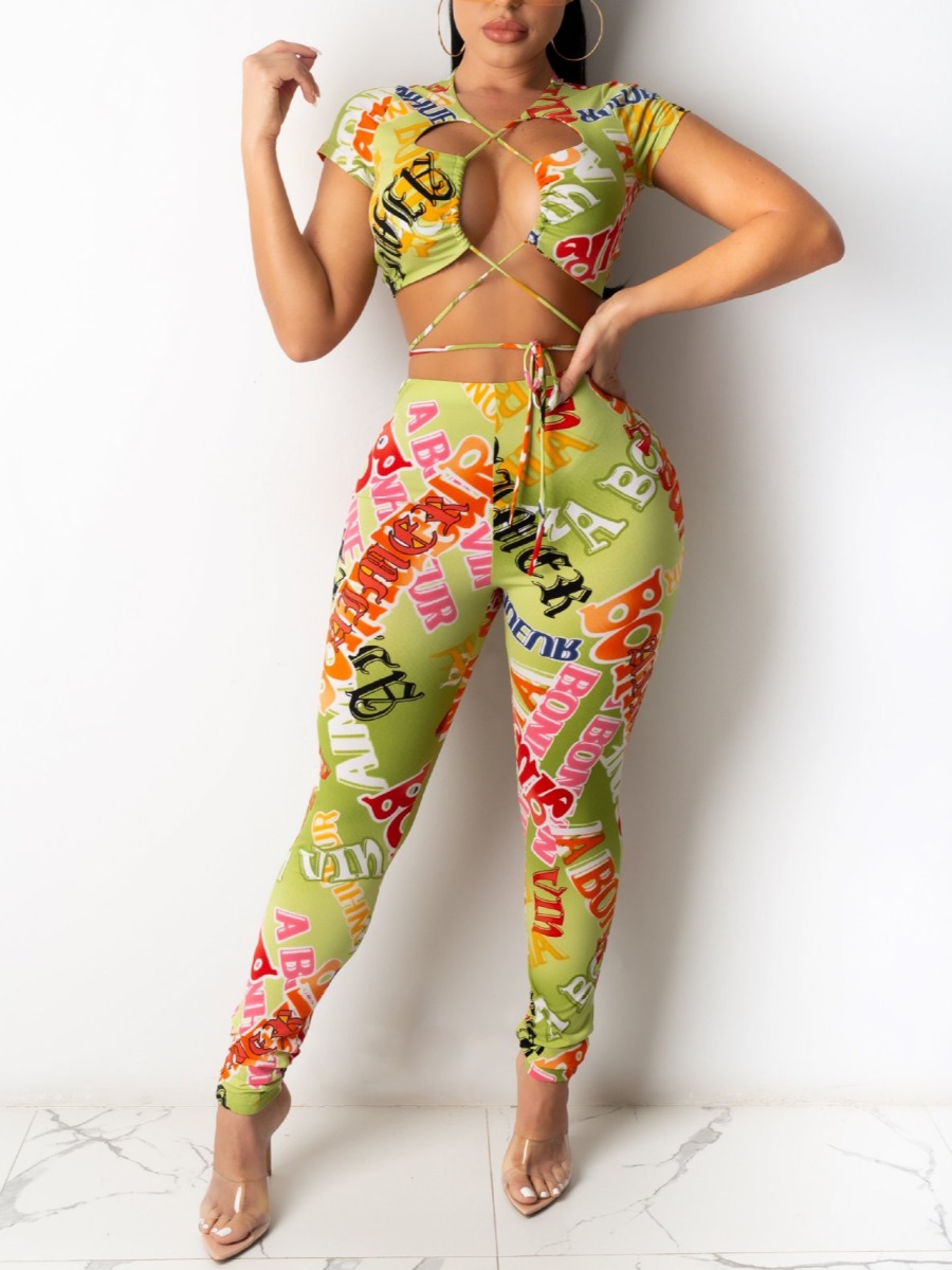 

Lovely Sexy Letter Print Bandage Hollow-out Design Green Two Piece Pants Set