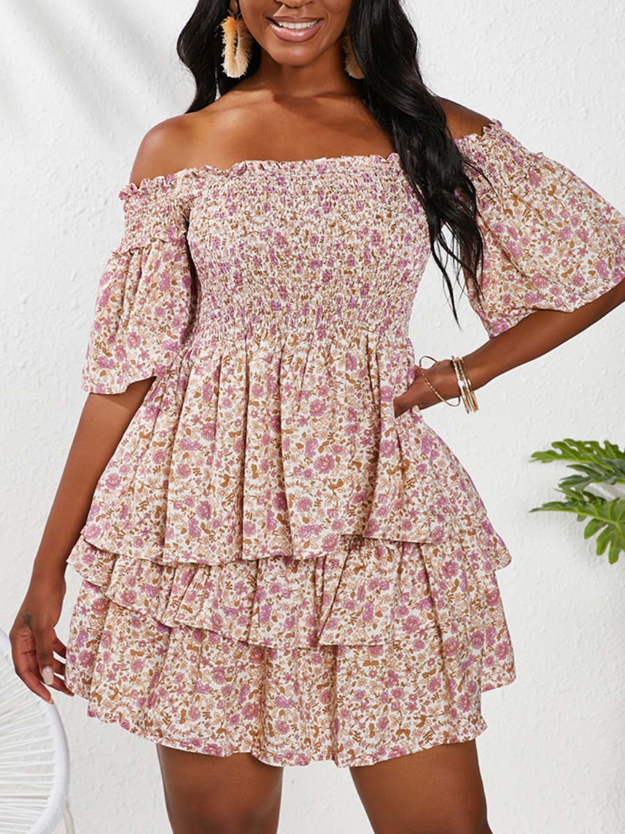

Lovely Sweet Floral Print Flounce Design Pink Two Piece Skirt Set