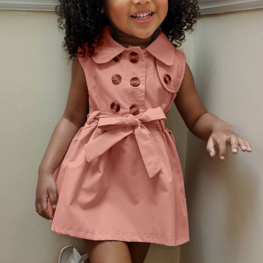 

Lovely Girl Casual Button Bandage Flounce Design Pink Knee Length Dress